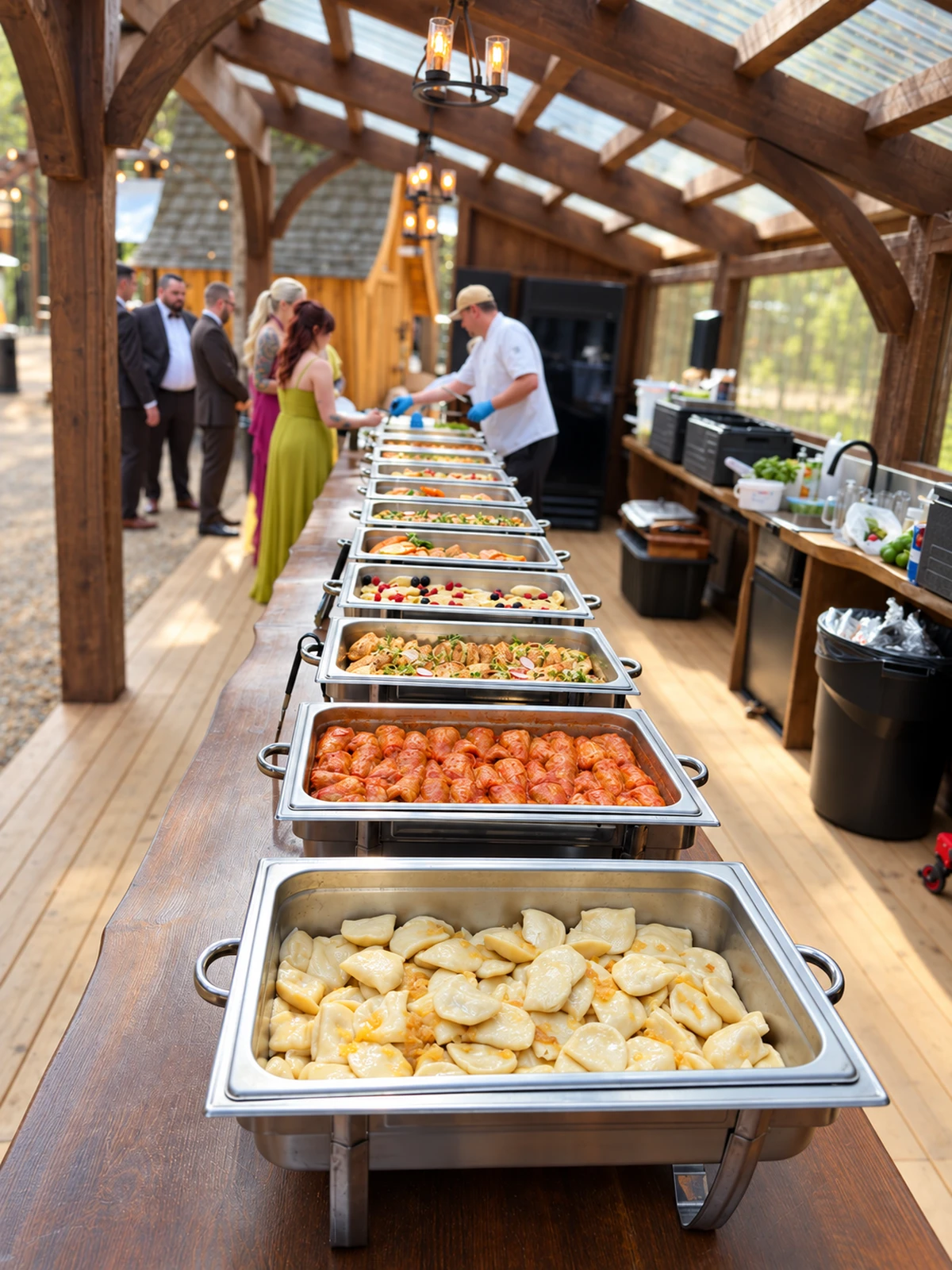 Guests and catering staff beside a long buffet of hot dishes