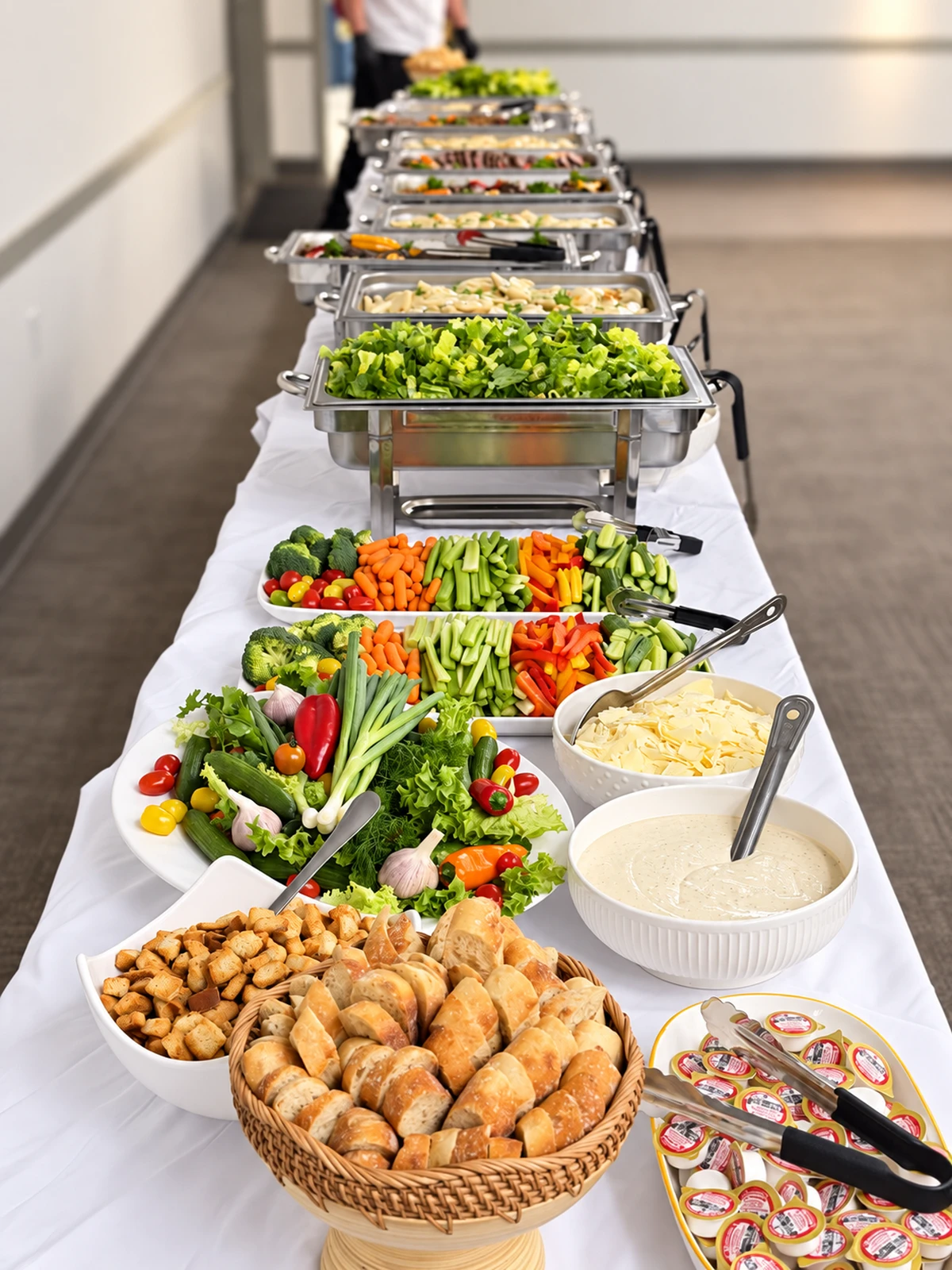 Fresh starters and vegetables followed by a line of hot buffet stations