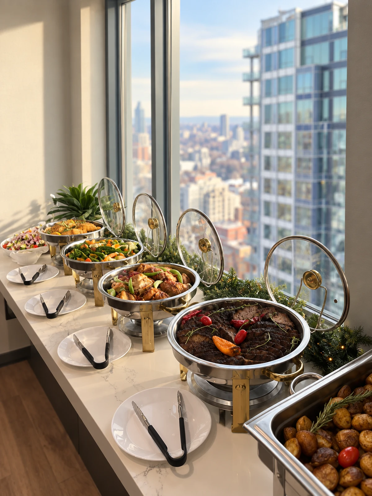 A buffet line with hot dishes, salads and festive greenery