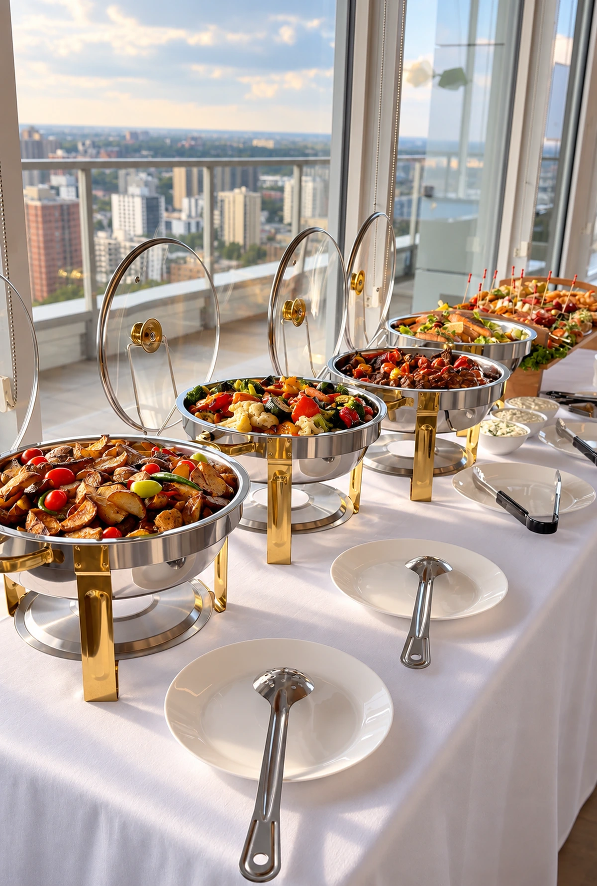 A line of hot buffet dishes and starter platters ready to serve