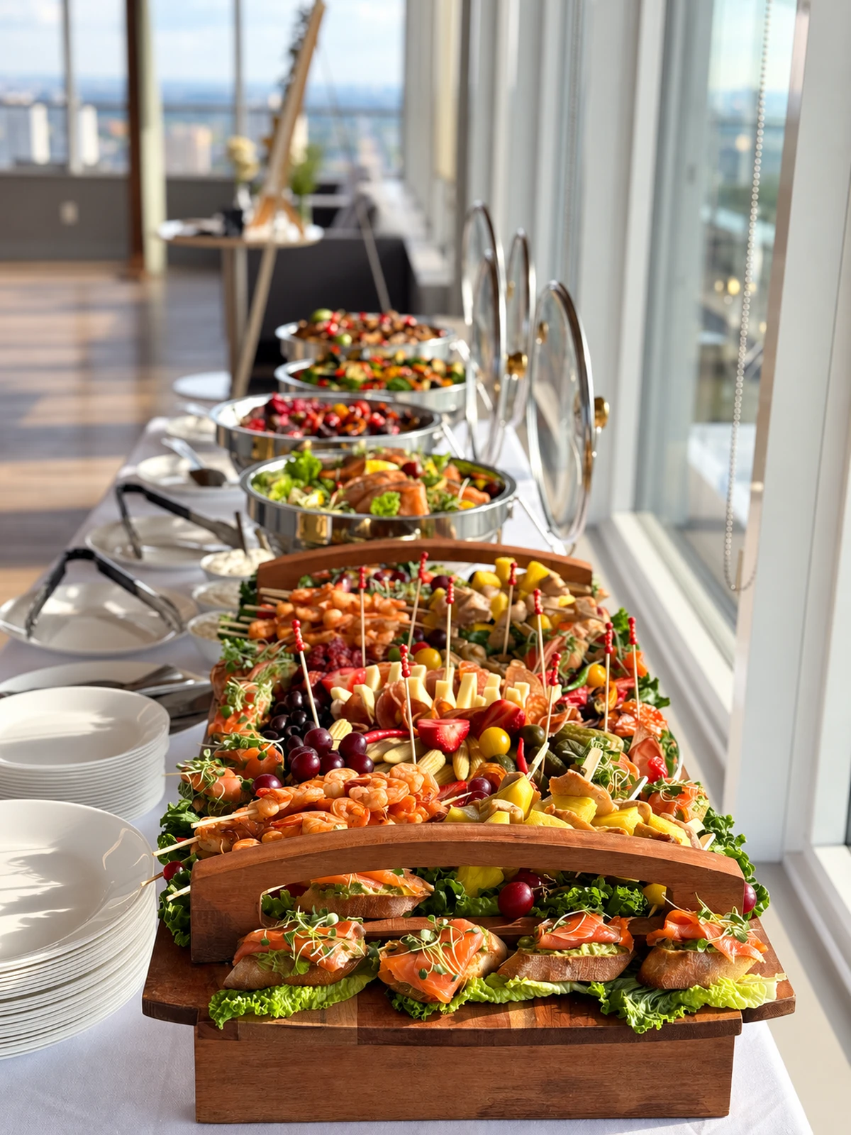 Colourful canape platters followed by a line of hot buffet dishes