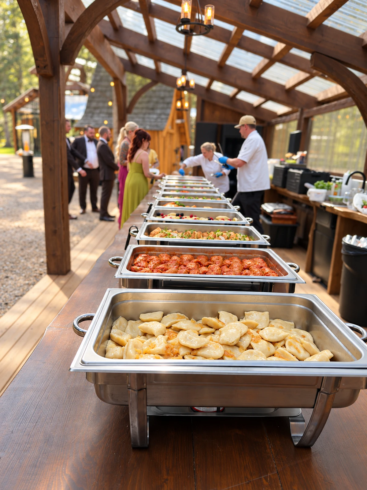 Catering staff serving guests along a long buffet table