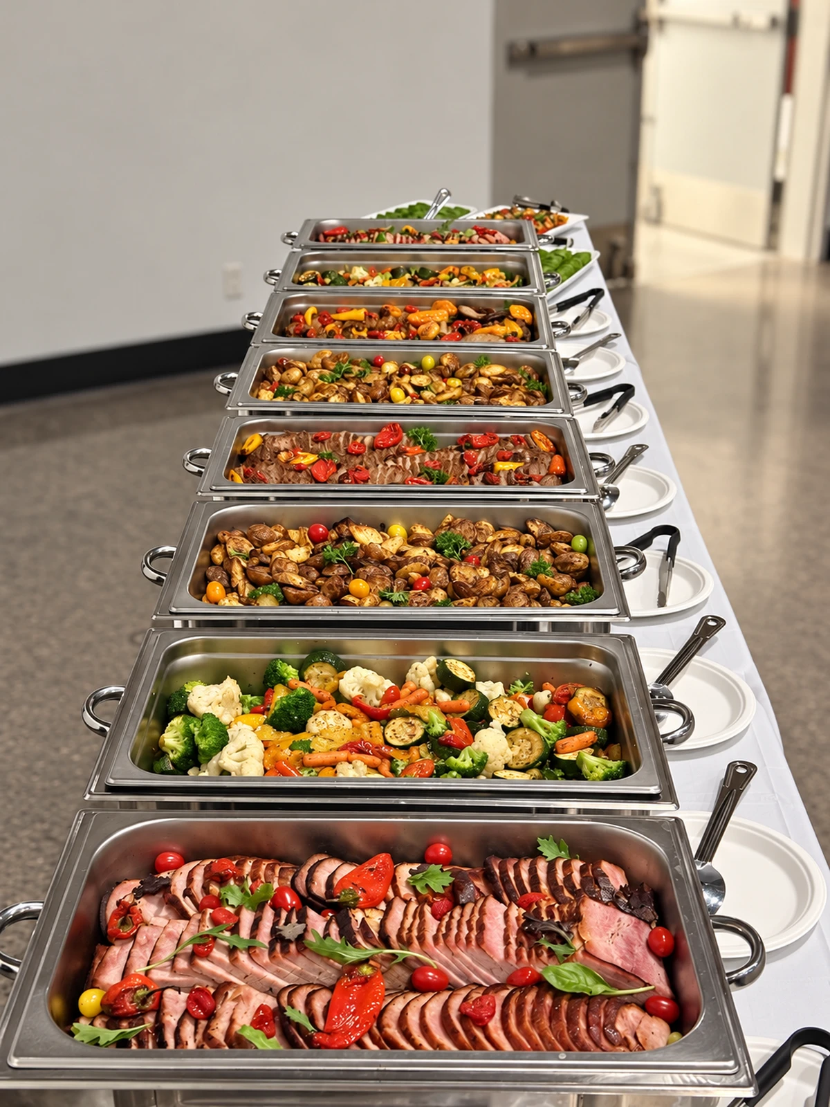 Meat and vegetable dishes arranged in a line of buffet stations