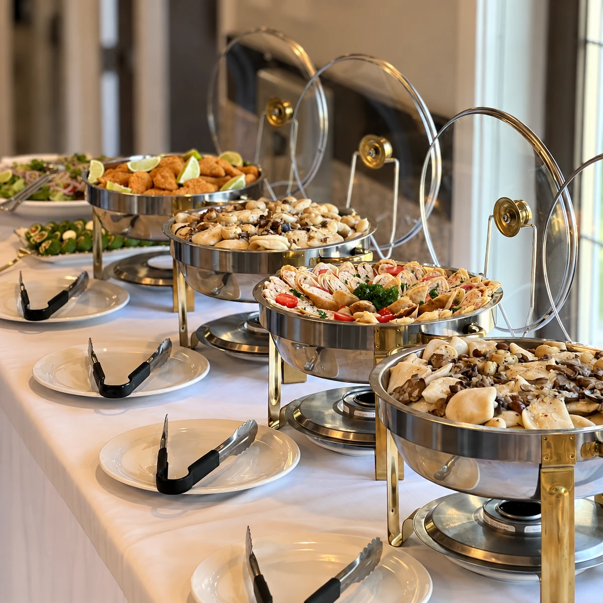 A line of buffet dishes with perogies, vegetables and starters at a Ukrainian Catering event