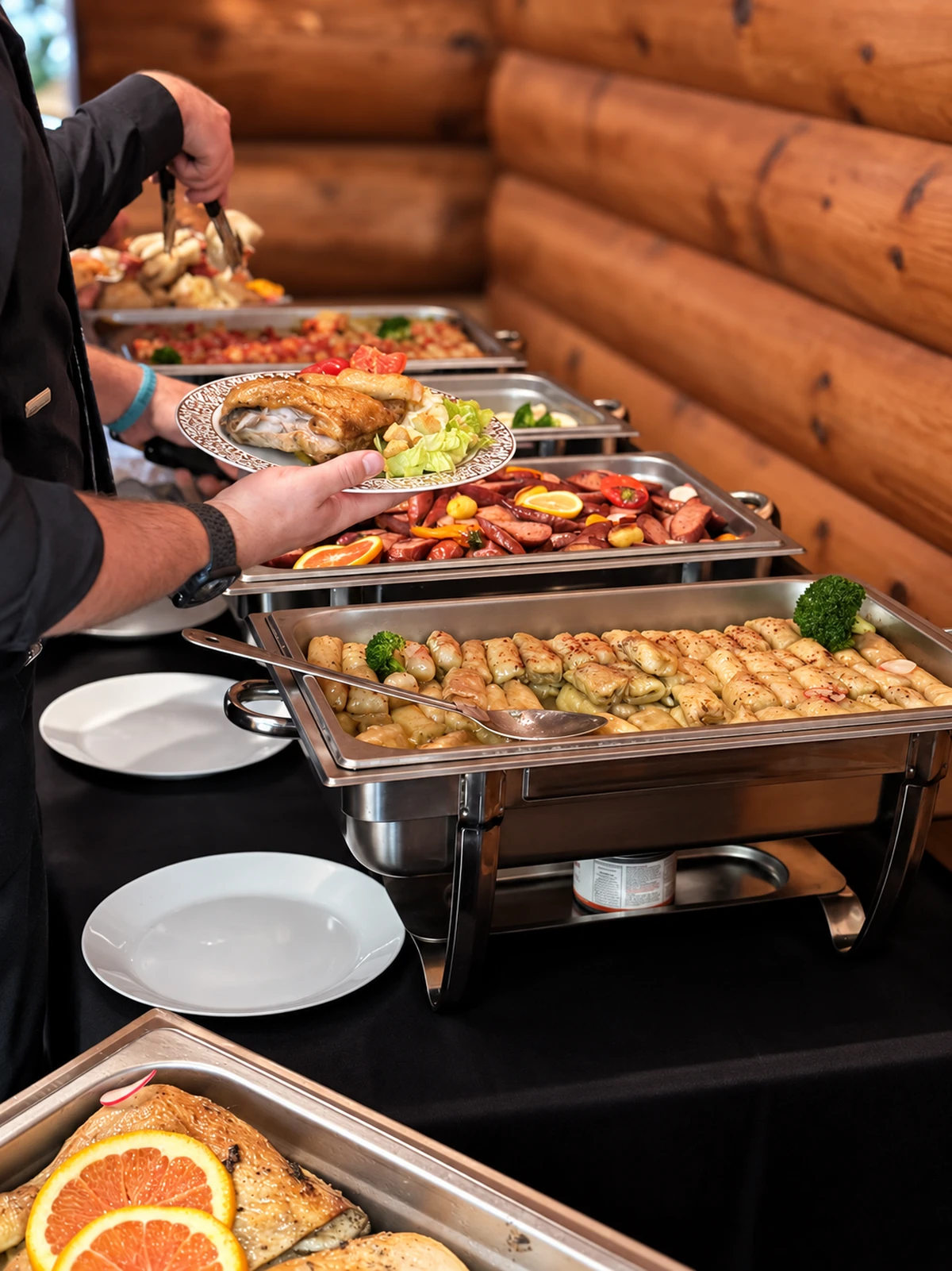 A guest choosing food from a line of hot buffet dishes