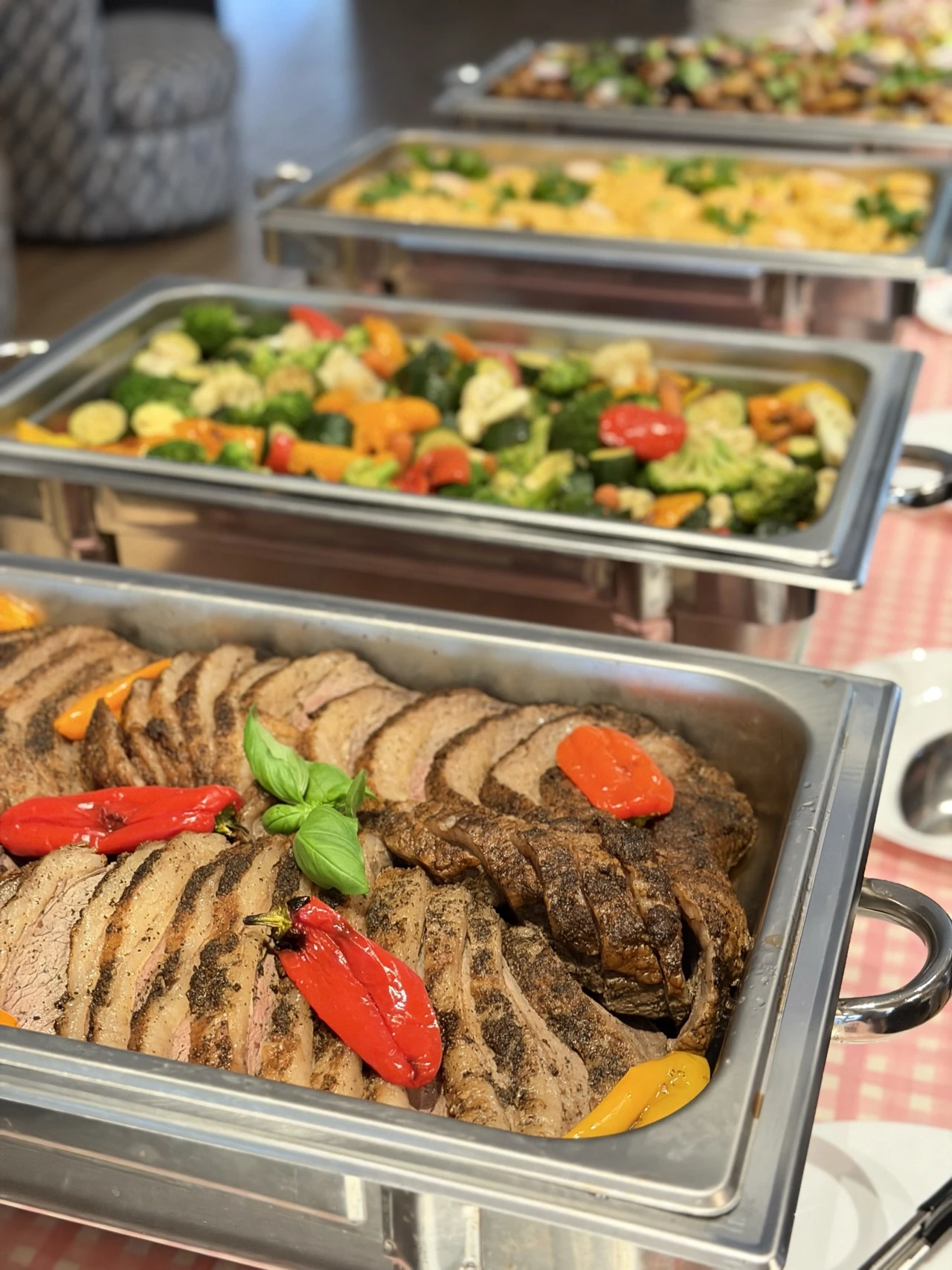 Sliced roast and vegetables at our buffet