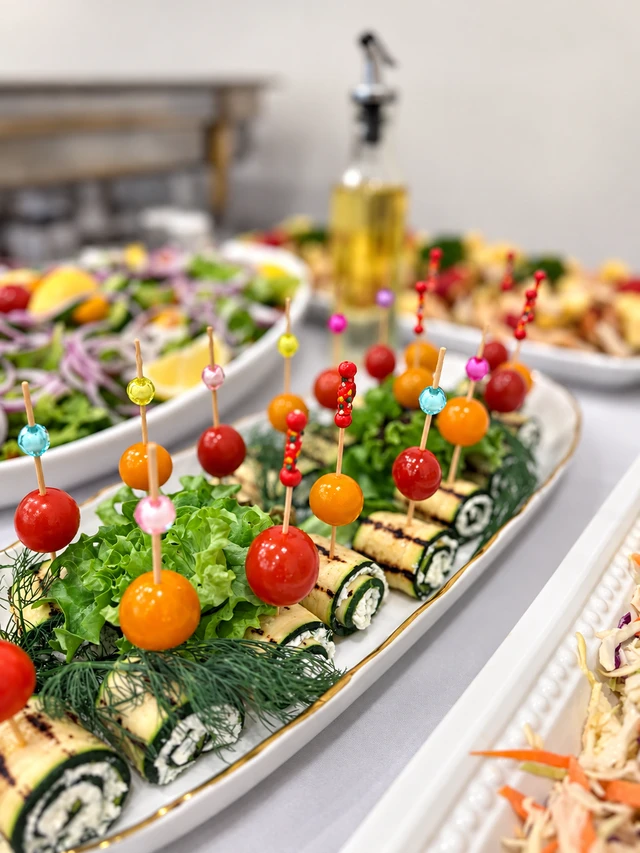 Rolled starters topped with colourful tomatoes on a platter of greens