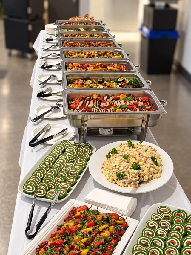 A full buffet table with hot dishes, salads and rolled starters arranged for service