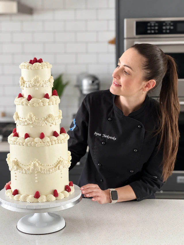 Iryna Iurkovska beside a tiered cake she created