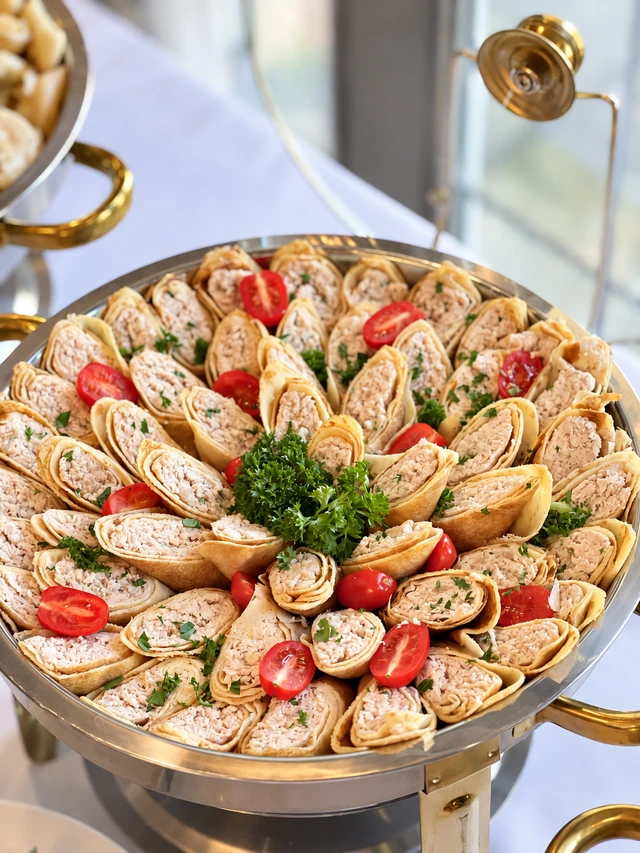 Savoury pinwheel slices with cherry tomatoes and parsley in a buffet dish
