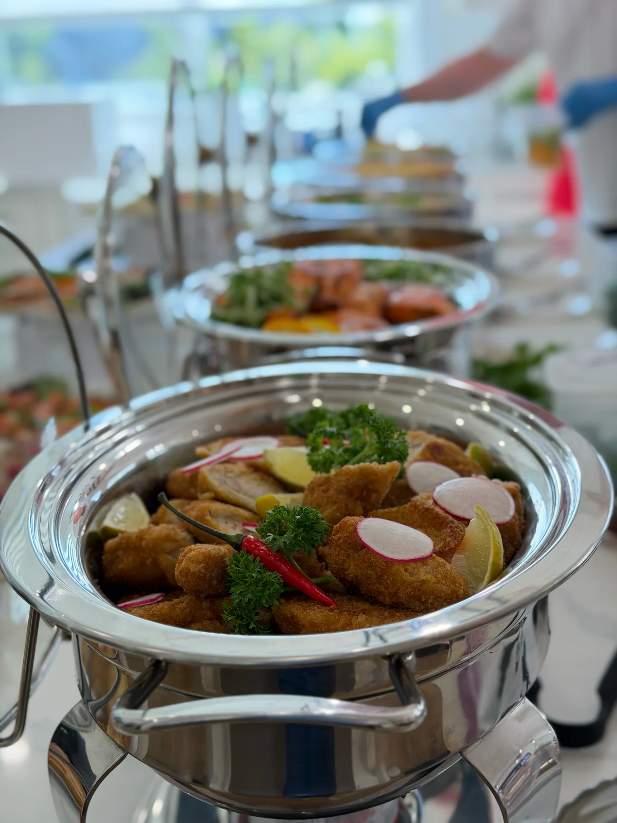Freshly presented wedding buffet dishes