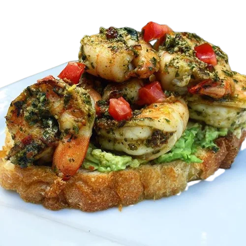 Pesto And Garlic Shrimp Bruschetta.